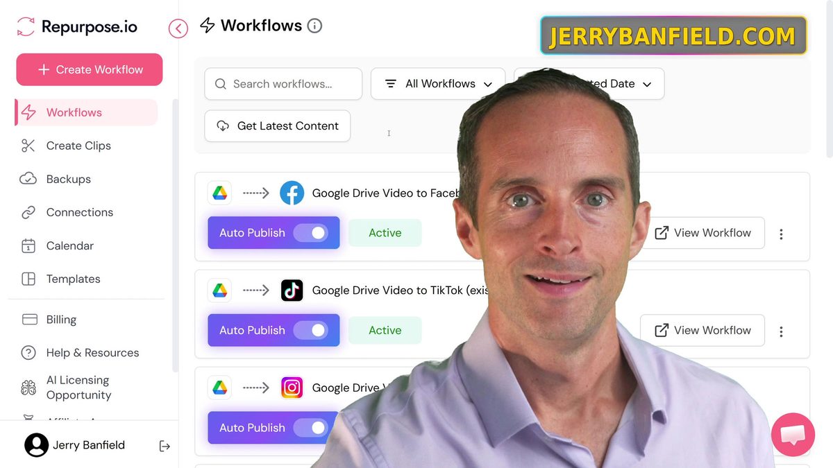 The Repurpose.io workflows dashboard automating Google Drive videos to Facebook, TikTok and Instagram