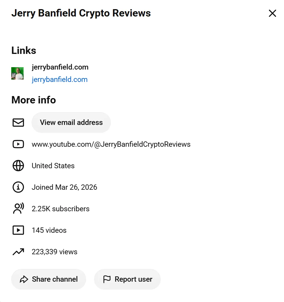 Jerry Banfield Crypto Reviews channel card: 2.25K subscribers, 145 videos, 223,339 views