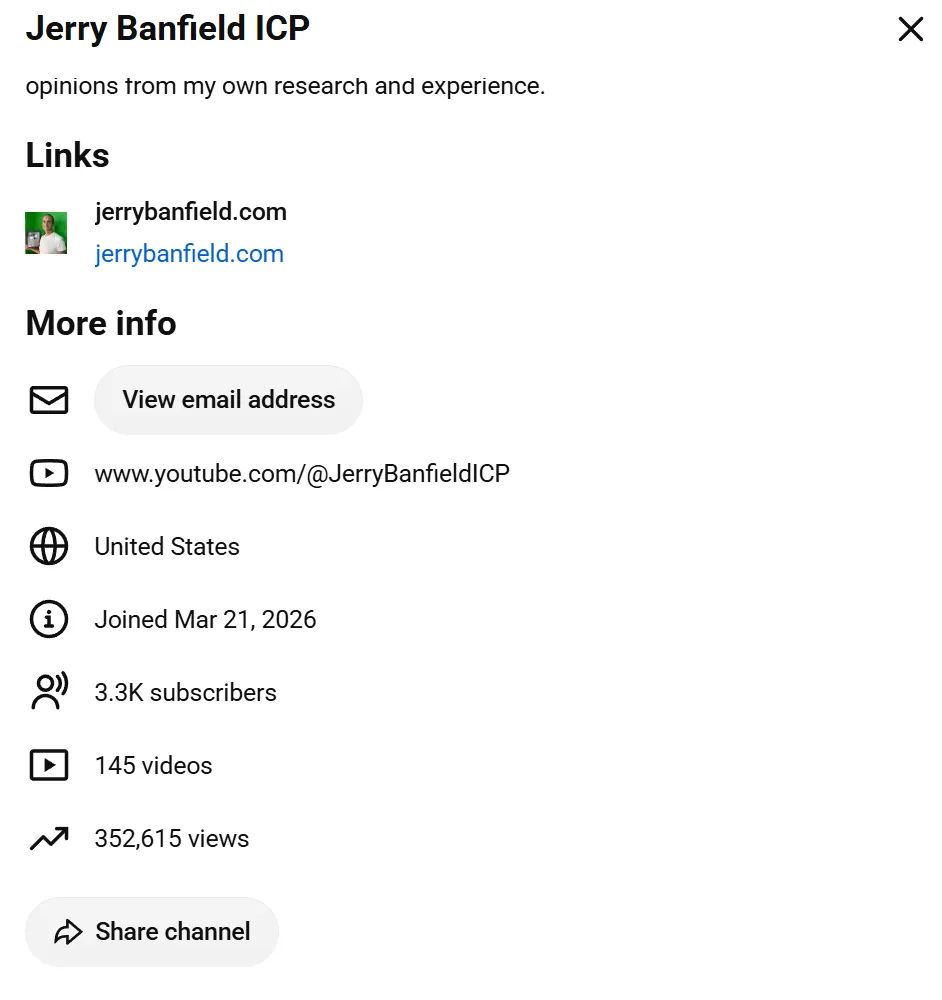 Jerry Banfield ICP channel card: 3.3K subscribers, 145 videos, 352,615 views